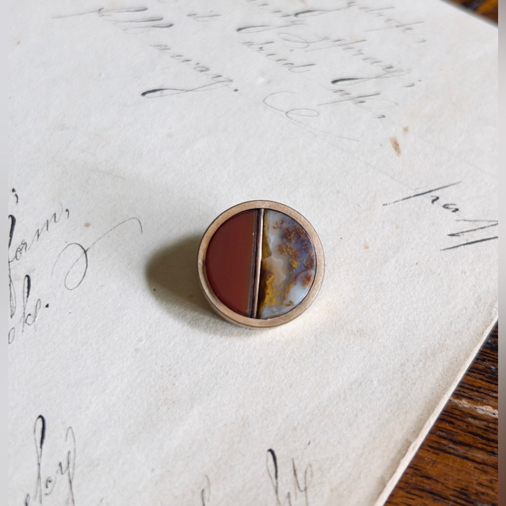 Rare Antique Gemstone Button, Carnelian and Moss Agate